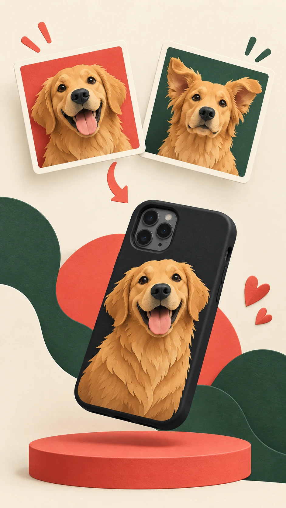 AI-generated illustrated concept showing two golden retriever photo choices and a custom phone case