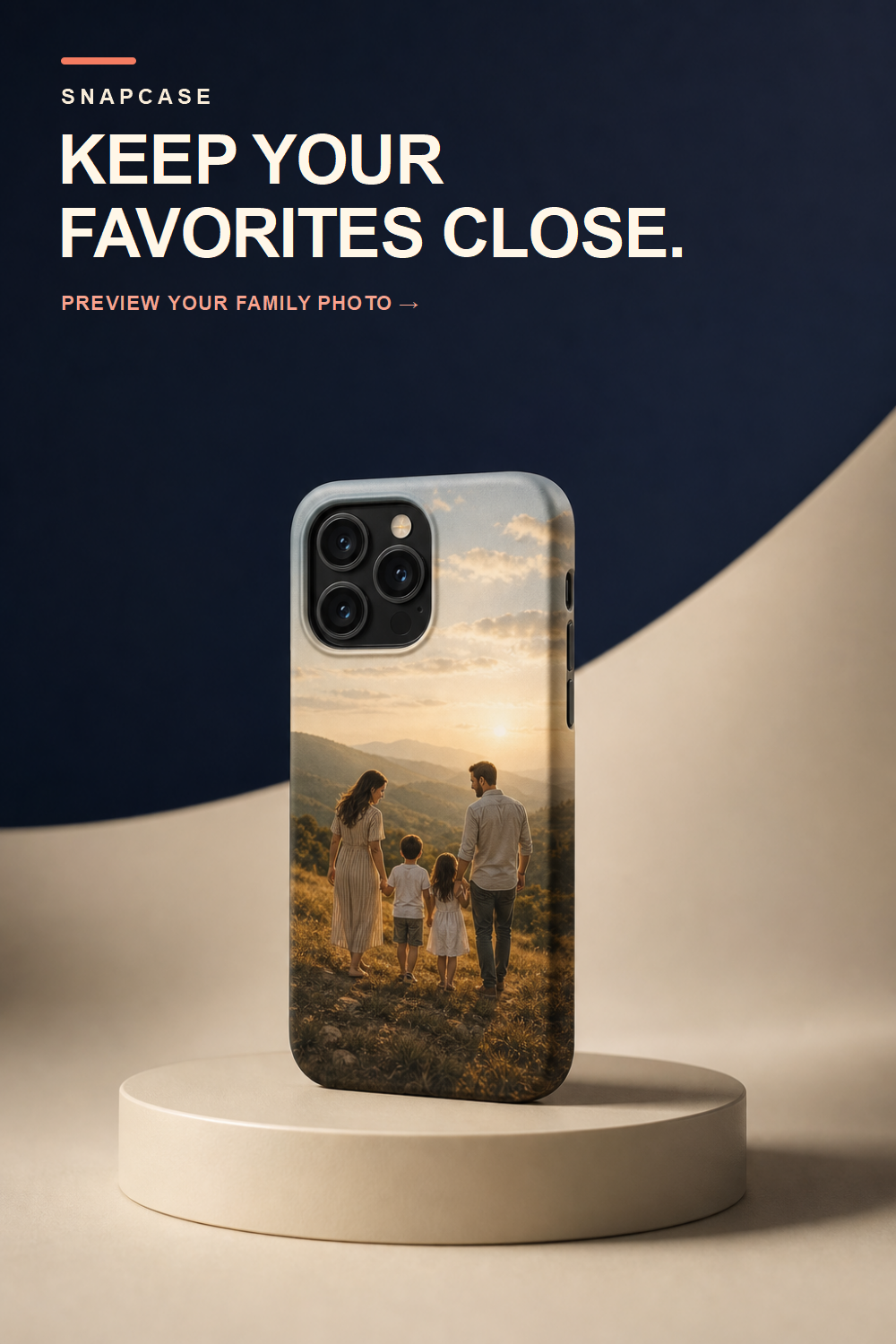 AI-generated product concept showing a family sunset photo on a custom phone case
