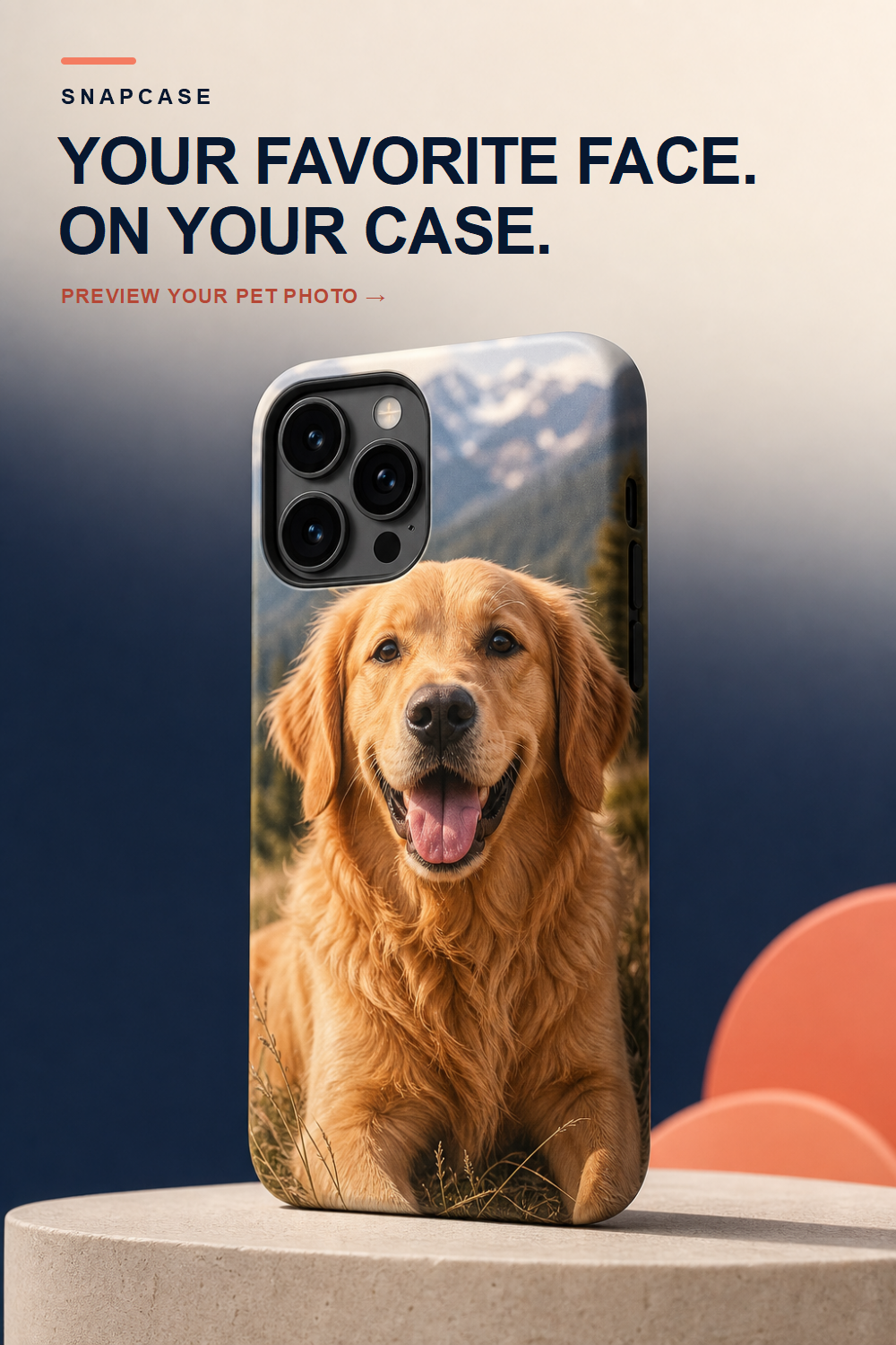 AI-generated product concept showing a golden retriever photo on a custom phone case