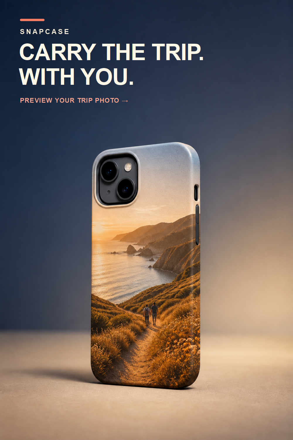 AI-generated product concept showing a coastal vacation photo on a custom phone case